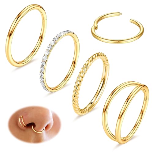 Poxtex 4pcs 316L Surgical Steel Nose Rings Hoops 14K Gold Filled Double Hoop Nose Rings 16G Hinged CZ Septum Clicker Hoop Lip Rings Cartilage Earring for Helix Rook Tragus Daith Conch Piercing Jewelry