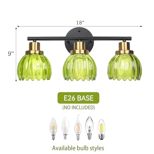 Image of Ldeco 3 Light Bathroom Vanity Light Fixtures Vintage Wall Sconce with Green Glass Shades Brushed Black Wall Mount Light Over Mirror Hallway Cabinet Living Room Decor E26 Base