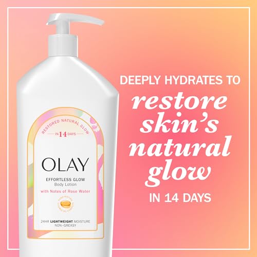 Image of Olay Body Lotion for Women, Effortless Glow, Restore Natural Glow, 24hr Moisturizing & Deep Hydration, Absorbs Instantly, Penetrating Vitamin B3 Complex, For All Skin Types, Rose Water Scent, 18 fl oz