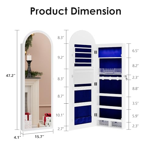 47in Tall Jewelry Cabinet Organizer, Arched Wall or Door Mounted Jewelry Armoire with Full-Length Mirror, 6 LEDS Lockable Hanging Mirror Cabinet with Storage, 2 Drawers, Women Girls Gifts,White - Image 8