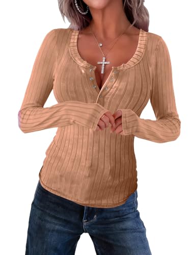 Image of APOFER Women Long Sleeve Tunics Ribbed Scoop Neck Tops Slim Henley Shirts