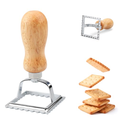 XINBADA Wooden Handle Stainless Steel Cookie Stamps,Small Square Cookie Cutter Custom Embossed Biscuit Stamp for Baking, Durable Cookie Decorating Tools