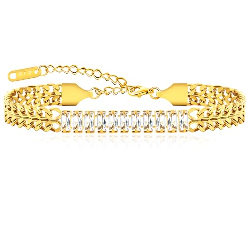 Image of Ladies Gold Double Cuban Chain, Tennis Zircon Charm Mountain /Round Mustard Seed Pendant Bracelet for Women Mom Religion Faith Jewelry