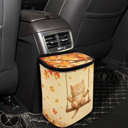 Image of Talayituse Cat Maple Print Car Trash Can with Lid, Leak Proof Auto Trash Bag Hanging Vehicle Garbage Can Multipurpose Storage Container for Back Seat Road Trip Autumn Decor