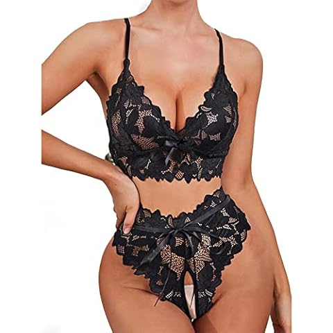 Sexy Lace Lingerie for Women Naughty, See-Through Mesh Babydoll Bodysuit,Bra and Panties Cut Out, 2 Piece Suit Nightwear for Ladies Halloween Carnival Valentine Christmas Party Black White Cover