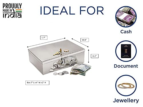 Image of Stainless Steel Cash /Coin /Jewellery Storage Rectangular Silver Boxes with Pre-Fitted Lock (7 inch X 4 inch X 2.5 inch) (With Pre fited One Lock & 2 Key) (Small Poj 7)