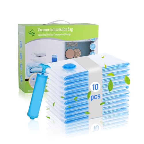 Chuner Juego de 10 Bolsas de Vacío para Edredones, Sin BPA, Con Válvula Hermética y Bomba de Mano, Ahorra un 80% de Espacio, Gran Bolsa de Almacenamiento Reutilizable- 80 x 60cm
