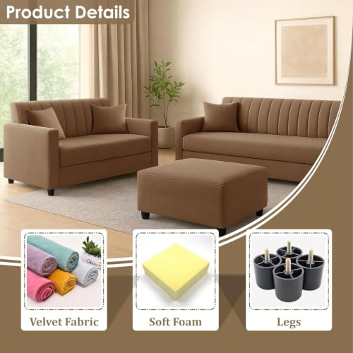 Image of 3+2 Fabric Sofa Set with Ottoman for Living Room | Modern 5-Seater Sofa Couch | with Soft Cushion, Premium Velvet Fabric - Golden Color