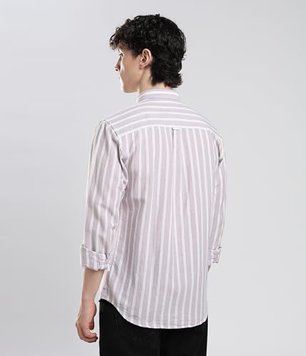 Image of TURMS Men's Casual Striped Linen Shirt | Water Repellent | Anti Stain Anti Odor | Kansas Linen | Concealed Button Down Collar | Full Sleeves
