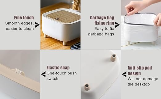 Image of Free-standing Garbage Can, Press Type Trash Can With Lid, Mini Trash Can, Office Small Waste Paper Bucket, Garbage Can, Dresser Countertop Rubbish Can (White)