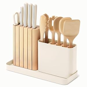 Caraway 14-Piece Kitchen Prep Set – Kitchen Knife Set & Wooden Utensil Set – Made With Premium German Steel Blades & FSC-Certified Birch Wood – Non-Toxic Materials – Includes Organizer – Cream