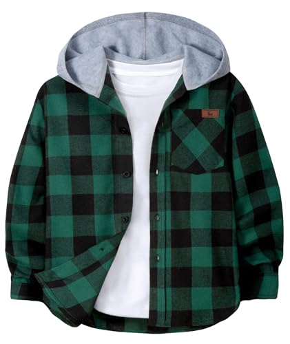 Boys Cotton Long Sleeve Shirt with Hood Unisex Kids Plaid Flannel Fall Shirts for 6-15 Years Green Black
