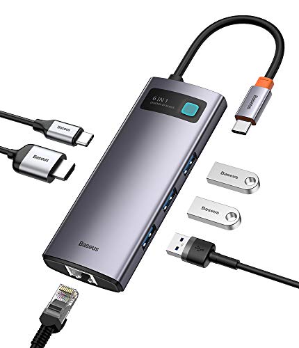 Baseus Hub USB C - 6 En 1 USB C Adaptador a HDMI 4K, 3 Puertos USB 3.0, USB C PD 100W, Hub Tipo C a Ethernet 1Gbps para MacBook Pro/Air, Chromebook, XPS, Samsung Galaxy S20/S10 y Otros Dispositivos