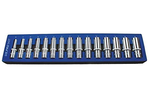 US PRO Tools 15pc 1/2'' Dr 12 Point Deep Sockets in Foam Tray 10-24mm 3427