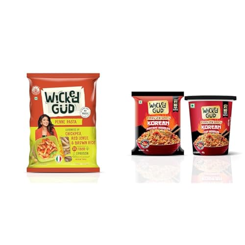 Image of WickedGud 2X Fiber Penne Pasta | No Maida | Durum Wheat Semolina | Brown Rice | Red Lentils | + WickedGud Fiery 2X Spicy Korean Noodles | Instant Pack and Cup Combo Pack of 2 | Whole Wheat |
