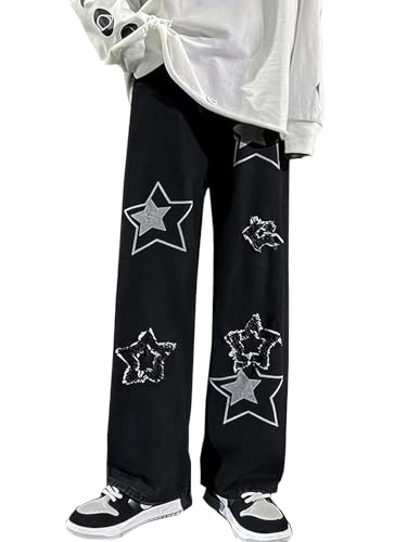 Men's Y2K Straight-Leg Jeans Loose Wide-Leg Star Pattern Retro Distressed Pants Hip-hop Street Style Harajuku Clothes - Main Image