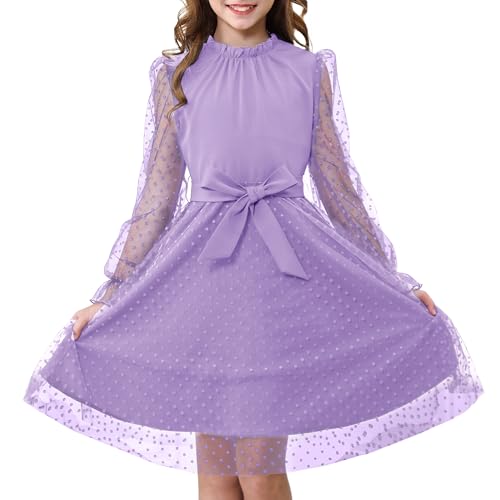 Image of Rolanko Girl's Puff Long Sleeve Dress, High Waist with Belt A Line Ruffled Collar Contrast Mesh Princess Party Tulle Dresses, Purple, 9-10 Years, 140