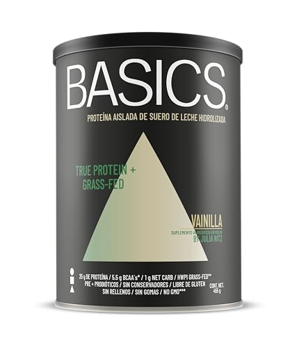 Proteínas, BASICS True Protein | Proteina aislada de suero de leche hidrolizada GRASS-FED | Suplemento alimenticio en polvo | 25 g de proteína | 5.5 g de BCAA's | 1 g NET...