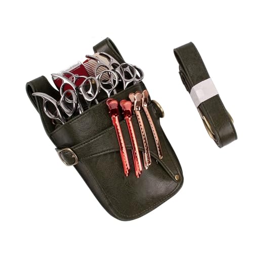 Étui en cuir pour ciseaux de coiffure avec ceinture et bandoulière vert foncé