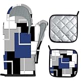MCALK 4PK Navy Blue Silicone Oven Mitts and Pot Holders Set with Anti-Slip Design, Geometric Artistic Decorations and Heat Resistance - Perfect Kitchen Gloves for Cooking and Baking