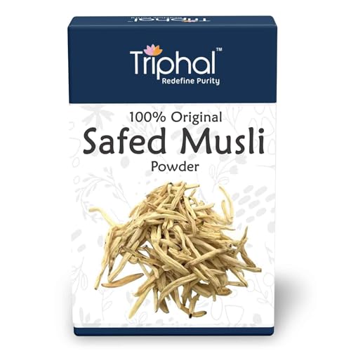 Image of TRIPHAL Natural & Pure Safed Musli Powder (100g) | Organic Ayurvedic Herb For Vitality, Stamina & Performance Organic Produce | Preservative Free