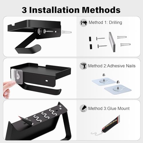 Euqvunn Portarrollos de Papel Higiénico con Estante, Soporte Papel Higiénico de Pared con Tornillos Autoadhesivos Sin Perforación, Adhesivo y Fijación con Tornillos, Accesorio para Baño, Negro Mate - imagen 6