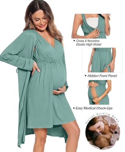 Image of SWOMOG Women Maternity Nursing Gown and Robe Set 3 in 1 Labor Delivery Nursing Nightgown for Breastfeeding Hospital Bathrobe