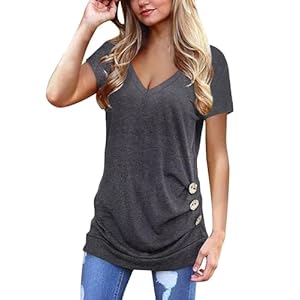 Jescakoo Damen T Shirt Oversize Sommer V-Ausschnitt Sexy Oberteile Tops lässige Basic Kurzarm lang Tunika Casual Bluse mit Knopf