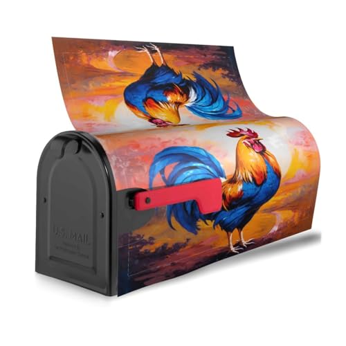 Image of Blue Farm Rooster Oil Painting Mailbox Cover Magnetic Waterproof Mailbox Wraps Post Letter Box Decor 21x18 in