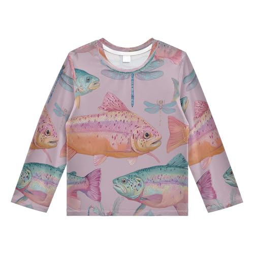 Fish Dragonfly Pattern Artwork Boys Rash Guard Long Sleeve UPF 50+ Boys Swim Shirt Quick Dry Shirt for 3-12 Years