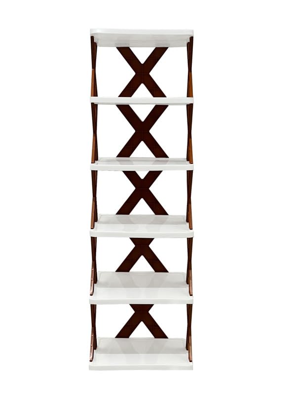 Plastic Stackable Book Shelf for Home Adjustable Shelves, Stylish Shoe Storage Organizer for Bedroom and Studyroom, Durable Home Stand for Books, Décor Items (6 Tier, White and Sky Blue)-image-1