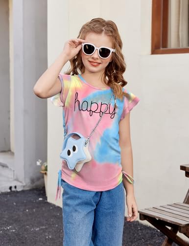 Image of Arshiner Girls T Shirts Ruffle Short Sleeve Ruched Knot Side Tunic Blouse Summer Tee Tops
