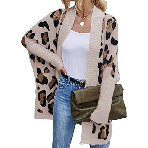 Women's Open Front Knit Cardigan Shirt Long Sleeve Fuzzy Leopard Print Sweater Loose Casual Lightweight Knitted Coat (Large,Khaki) #TOP9