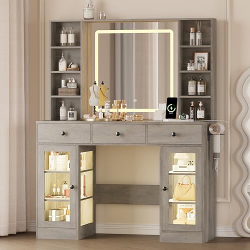 Image of Makeup Vanity Desk with Mirror and Lights, 43 inch Grey Vanity with Glass Top, Jewelry Storage, 3 Drawers & Glass Cabinets, Power Outlet & Adjustable LED Lights, Dressing Table for Women & Girls Bedroom