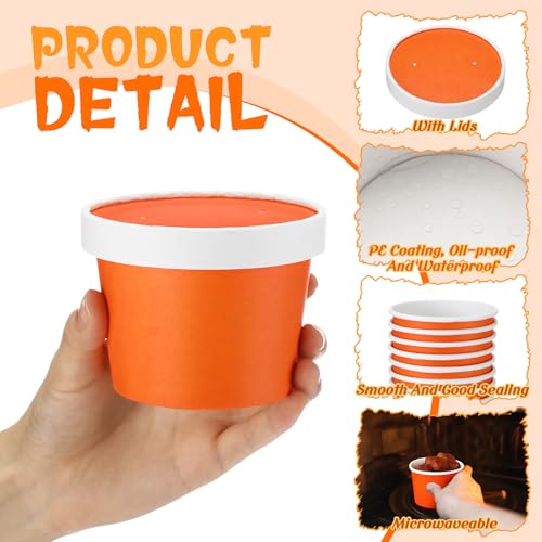 Image of Fulmoon 8 oz 100 Pack Paper Containers with Lids Soup Bowl Cup, Orange | Disposable Ice Cream Cup, Kraft Food Containers with Vented Lid Stackable for Hot Soup Dessert Cake Fruit Microwave Takeout