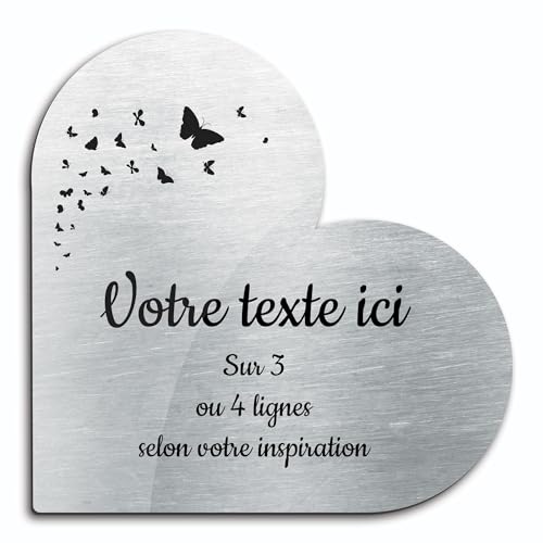 Plaque gravée funéraire motif Papillon autocollante modèle coeur (15x15 cm) personnalisée 1 à 3 lignes Alu Brossé