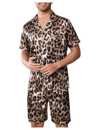 Men's 2 Piece Satin Silk Pajama Sets Leopard Button Down Shirts and Shorts Cheetah Loungewear Sleepwear Pjs