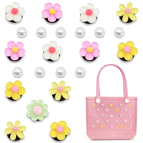 23 Pcs Accessories for Bogg Bag, Colorful Flowers and Pearls for Bogg Bag Charms, Compatible with Women Rubber Beach Bag Tote Handbag