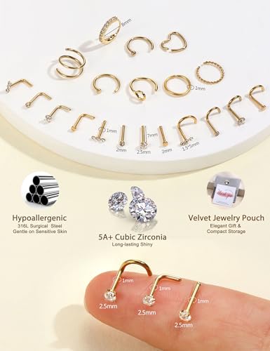 FIBO STEEL 18g 20g Nose Rings Hoops Nose Studs - Hypoallergenic Surgical Steel CZ Nose Stud L Shape Body Nostril Piercing Jewelry for Women Men 14k Gold Plated 20Pcs3