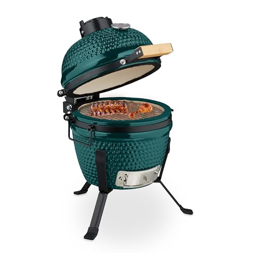 Relaxdays Kamado Grill, Ø 32 cm, Keramikgrill mit Thermometer bis 450°C, BBQ, Grillen, Kochen & Backen, Smoker, grün