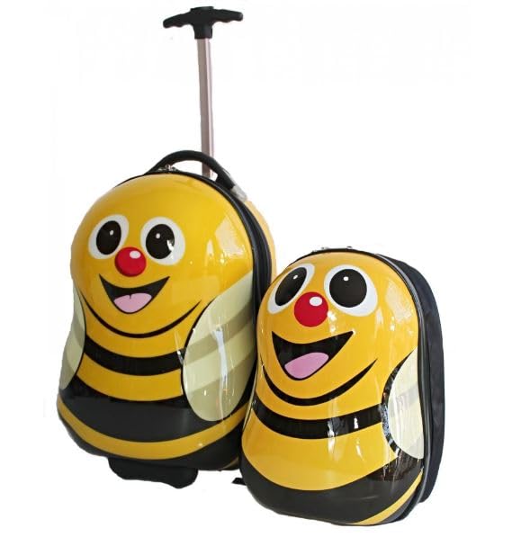 Kit Mala Infantil com Rodinhas e Mochila de Costas Temática, Estrutura Rígida, Puxador Retrátil, para Escola e Viagens - Abelha