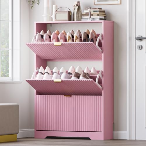 Image of BORNOON Entryway Shoe Cabinet with 3 Flip Drawers, Narrow Shoe Organizer Cabinet with Fluted Panel and Adjustable Shelves for Foyer, Hallway