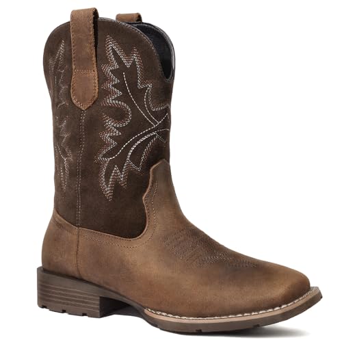 Lumeheel Cowboy Boots for Men - Real Leather Western Square Toe Men's Brown Boots, Slip on Chunky Heel for Spring Fall 10M