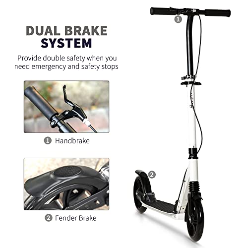 Soozier Foldable Kick Scooter For Teens Ages 12 Years And Up, Lightweight Scooters With Big Wheels, Adjustable Handlebars, One-Kick Open Mechanism And Dual Brakes System For Adult Teenage, White #TOP5