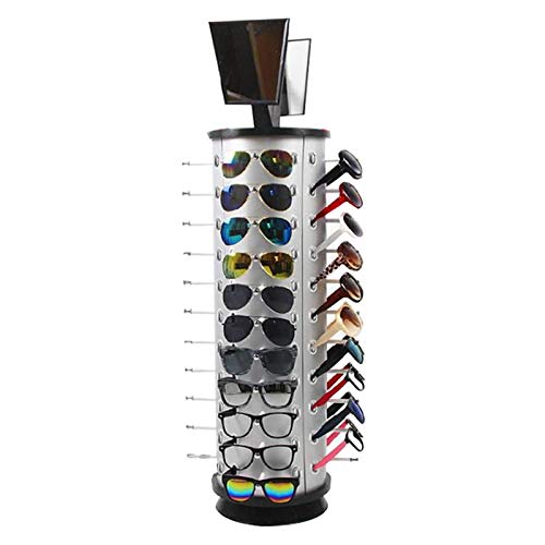 Rotating Sunglass Display Rack for Store, 44 Pairs Glass Holder, Freestanding W/ Mirror Eyeglasses Stand, Commercial Eyewear Organizer (Round)