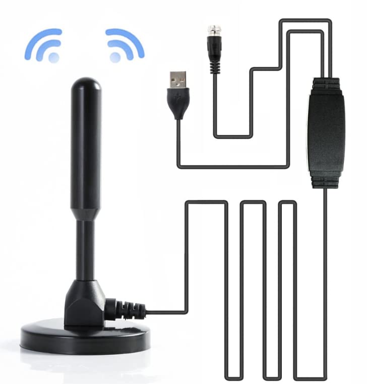 Riloer Antena telewizyjna, przenośna High-Definition DVB T zyskuje cyfrowy freeview, pasywna antena telewizyjna z przyłączem śrubowym F + IEC męski adapter złącza