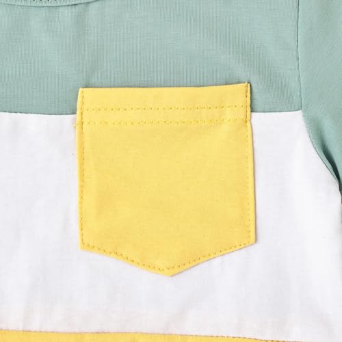 Image of Toddler Boy Clothes Baby Summer Outfit Patchwork Tee Shorts 12M-4T | Soft Patchwork Tee, Pocket Shorts With Stretch Waistband, Breathable For Summer Play, Machine Washable