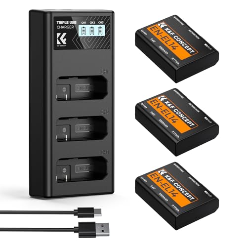 K&F CONCEPT 3 -Pack Batterie EN-EL14 et Chargeur LCD Amélioré Compatible avec Nikon D5300, D5600, D5100, D5200, D5500, D3100, D3200, D3300, D3400, D3500,...