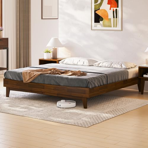Image of Bme Catherine King Platform Bed Frame, Modern Bed Frame Without Headboard, Wooden Low Profile Bed Frame, Acacia Platform Bed Frame King, No Box Spring Needed, Supports up to 800lbs - Dark Chocolate