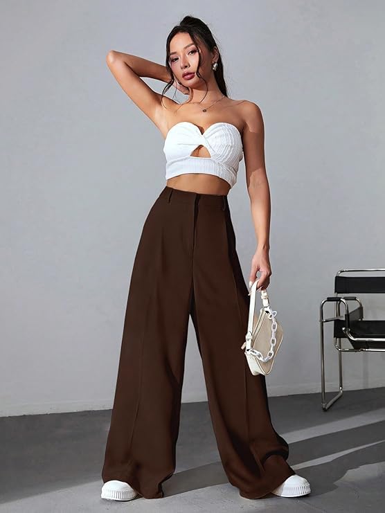 Image of GRECIILOOKS Women High Rise High Waist Trousers Flared Korean Style Formal Pants| Elegant Workwear for Office, College & Events (Available in Plus Size)